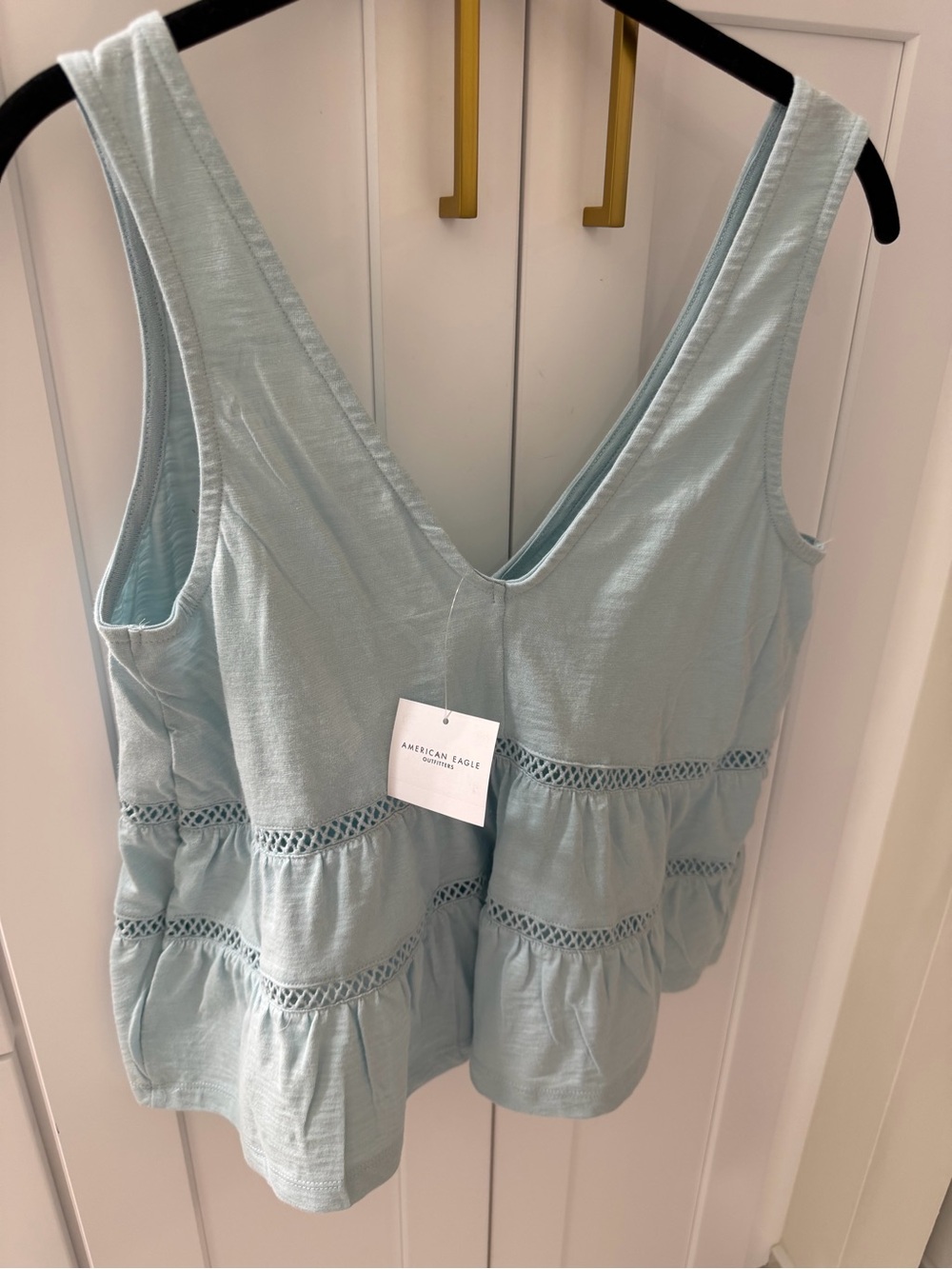 American Eagle Outfitters Light Aqua Crochet-Tiered V-Neck Tank Top
